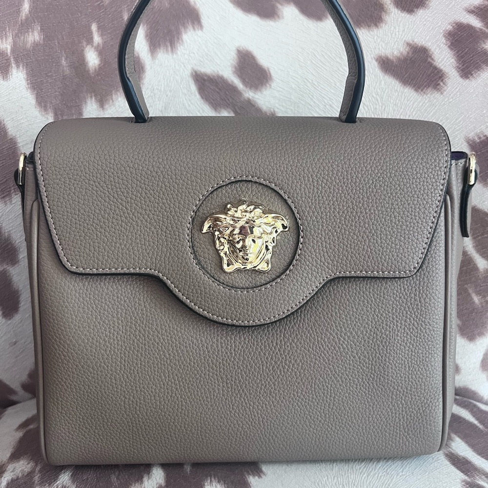 Taupe Leather Top-Handle Satchel with Gold Medusa Detail